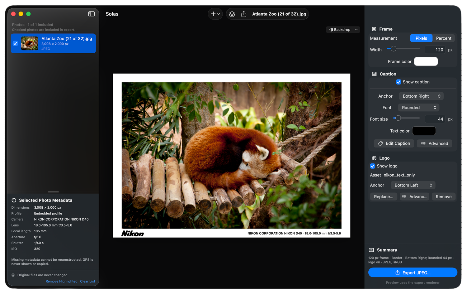 solas version 1.0, showing a photo from Zoo Atlanta